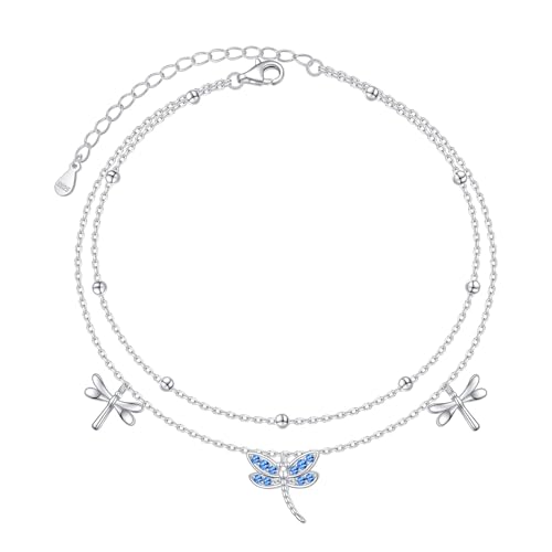 HOOHWE Fußkettchen für Damen Silber 925 Libelle Knöchel Fussketten für Frauen einfache Fußkette mit blau Zirzon Fußkettchen Layered Sommer Strand Fußschmuck Geschenk von HOOHWE