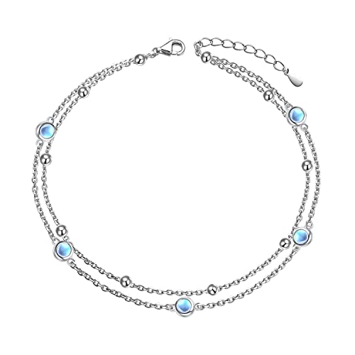 HOOHWE Fußkettchen für Damen 925 Sterling Silber Layered Ankle Bracelet Längenverstellbar Mondstein Fussketten Armbänder Sommer Fusskette Schmuck für Frauen und Mädchen von HOOHWE