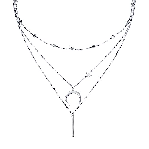 HOOHWE Halskette Damen 925 Sterling Silber Layering Kette für Damen Multilayer Halskette mit Mond und Stern Anhänger Schmuck Geschenk für Frauen von HOOHWE