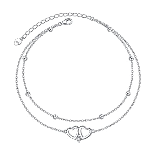 HOOHWE Herz Fußkettchen für Damen 925 Sterling Silber Layered Ankle Bracelet Längenverstellbar Fusskettchen für Frauen und Mädchen Sommer Fusskette von HOOHWE