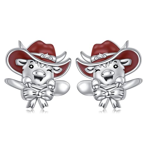 HOOHWE Highland Kuh Ohrringe 925 Sterling Silber Highland Kuh Stud Ohrringe Highland Kuh mit Cowboy Hut Schmuck Highland Kuh Geschenke für Frauen von HOOHWE