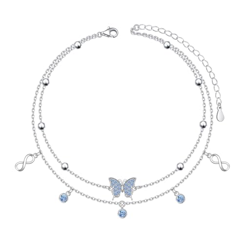 HOOHWE Infinity Schmetterling Fußkettchen für Damen 925 Sterling Silber Ankle Bracelet Verstellbar Fußkette Wasserfest Armbänder Schmuck für Frauen von HOOHWE