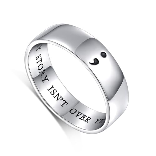 HOOHWE Inspirational Jewelry S925 Sterling Silber Meine Geschichte ist noch nicht vorbei; Semikolon Ring für Männer Frauen oder Unisex Breite 6mm 57(18.1) von HOOHWE