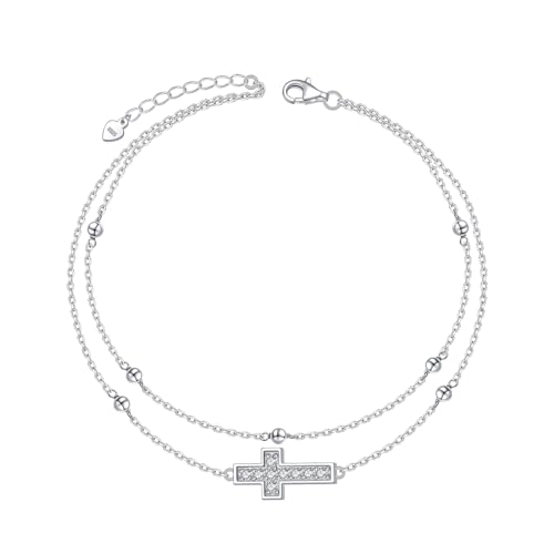 HOOHWE Kreuz Fußkettchen für Damen 925 Sterling Silber Ankle Bracelet Verstellbar Fußkette Wasserfest Armbänder Schmuck für Frauen und Mädchen von HOOHWE
