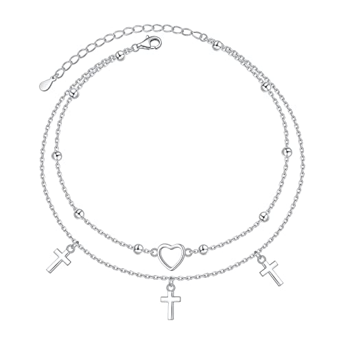 HOOHWE Kreuz mit Herz Fußkettchen für Damen 925 Sterling Silber Ankle Bracelet Verstellbar Fußkette Wasserfest Armbänder Schmuck für Frauen und Mädchen von HOOHWE