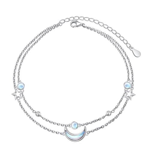 HOOHWE Mond Stern Fussketten für Frauen 925 Sterling Silber Längenverstellbar Fußkette Synthetische Mondstein Fußband von HOOHWE