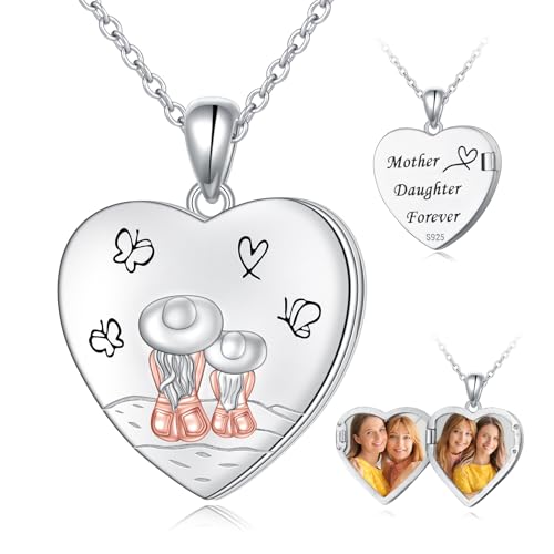 HOOHWE Mutter Tochter Kette 925 Sterling Silber Mama Tochter Medallion Zum öffnen mit Bild Herz Anhänger Halskette mit Foto Schmuck Kette mit Bild Geschenke für Mama Tochter von HOOHWE