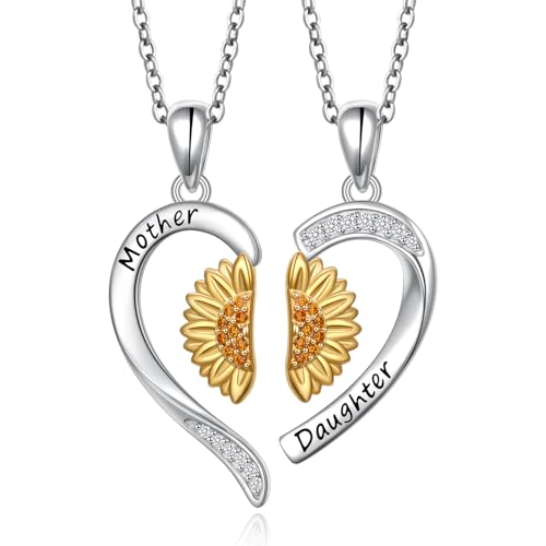 HOOHWE Mutter Tochter Kette 925er Sterlingsilber Sonnenblumenherz passender Halsketten Damen Familien schmuck Mutter und Tochter geschenk für Mama Muttertag Geburtstags geschenk von HOOHWE