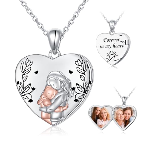HOOHWE Mutter Tochter Medallion Zum öffnen mit Bild 925 Sterling Silber Mama Tochter Kette mit Foto Herz Anhänger Halskette Schmuck Geschenke für Mama Tochter von HOOHWE