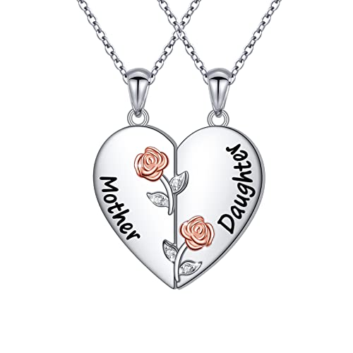 HOOHWE Mutter und Tochter Kette 925 Sterling Silber Rose Herz Halsketten Anhänger Halskette für Frauen Schmuck Geschenke für Mama Tochter von HOOHWE