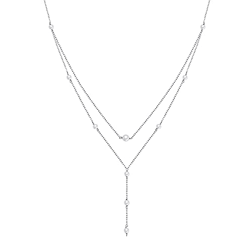 HOOHWE Perlenkette Layering Kette für Damen Perle Y Halskette Layered Lange Halskette Damen Silber 925 Schmuck Geschenk für Frauen und Mädchen von HOOHWE