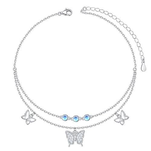 HOOHWE Schmetterling Fussketten für Frauen 925 Sterling Silber Doppelte Fußkettchen Längenverstellbar Ankle Bracelet Schmuck Geschenke von HOOHWE