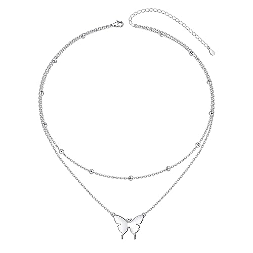 HOOHWE Schmetterling Kette für Damen 925 Sterling Silber Halskette Damen mit Anhänger Verstellbar Double Layered Halsketten Schmuck Geschenk Für Frauen von HOOHWE