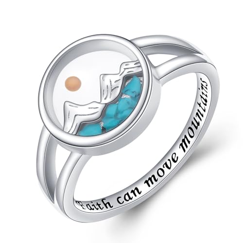 HOOHWE Senfsamen Ring Sterling Silber Berge Ring Türkis christlicher Schmuck für Frauen inspirierender religiöser Schmuck 54 (17.3) von HOOHWE