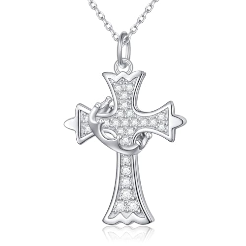 HOOHWE Sterling Silber Kreuz Halskette für Damen Krone Kreuz Anhänger Halskette Feiner Schmuck Weihnachten Geburtstag Urlaub Geschenke für Damen von HOOHWE