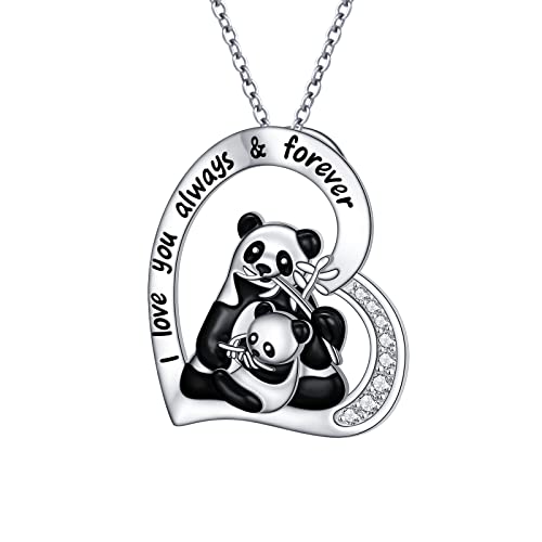 HOOHWE Sterling Silber Panda Halskette für Damen Panda Mutter Tochter Kette Muttertagsgeschenk Herz Niedlich Panda Tier Schmuck Graviert Geschenke für mama von HOOHWE