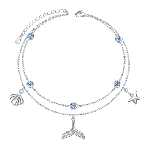 HOOHWE Walflosse Fußkettchen für Damen 925 Sterling Silber Layered Ankle Bracelet Längenverstellbar Fusskettchen für Frauen und Mädchen Sommer Fusskette Schmuck von HOOHWE