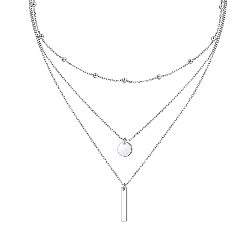 HOOHWE Kette Damen S925 Sterling Silber Geschichtete Halsketten Dreifache lange Kette Y Schlüsselbein Disc Bar Anhänger Boho Schmuck Geschenk von HOOHWE