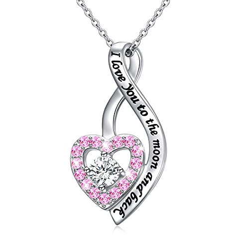 HOOHWE Herz Halskette 925 Sterling Silber Infinity Herz kette für Damen Mädchen Rosa CZ Herz Anhänger Ich liebe dich bis zum Mond und zurück Mother ‘s day Schmuck Geschenk von HOOHWE