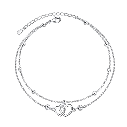 HOOHWE Fußkettchen für Damen 925 Sterling Silber Herz fußkette für Frauen Klassische Fußkettchen Armbänder Sommer Schmuck für Frauen und Mädchen Layered Ankle Bracelet von HOOHWE