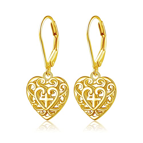Herz Kreuz Ohrringe für Damen Silber 925 Leverback Ohrringe Lang Hängend Ohrhänger Schmuck Ohrringe für Frauen Mädchen(gold) von HOOHWE