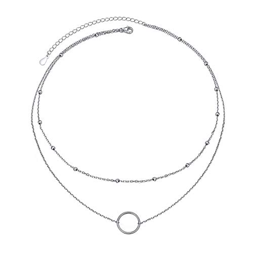 HOOHWE S925 Sterling Silber Layered Circle Bead Choker Halskette Zierliche einfache Double Choker Clavicle Halskette für Frauen von HOOHWE