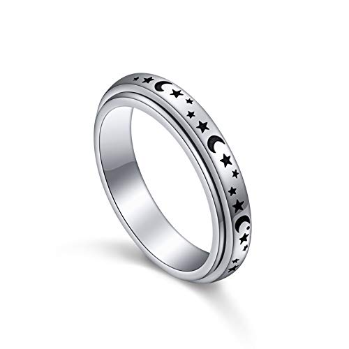 925 Sterling Silber Spinning Angst Ring für Damen Anti Stress Ring Mond und Stern Angst Ring Dekompressionsringe ADHS Drehbarer Zappel Ringe Freunde Geschenk Schmuck Größe 54 von HOOHWE