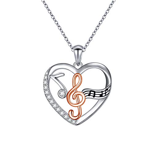 HOOHWE Sterling Silber Two Tone Music Note Love Heart Anhänger Violinschlüssel Halskette für Frauen Schmuck Geschenk für Musik Tanzliebhaber von HOOHWE