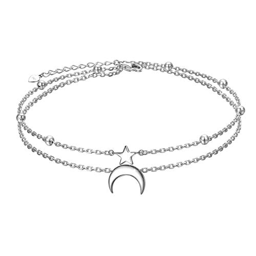 Stern und Mond geschichtetes Fußkettchen 925 Sterling Silber für Frauen Mädchen Einstellbare Perlen Knöchelarmband Crescent Boho Strand Fußkette 9 + 1 Zoll Charm Schmuck Beste Geburtstagsgeschenke von HOOHWE