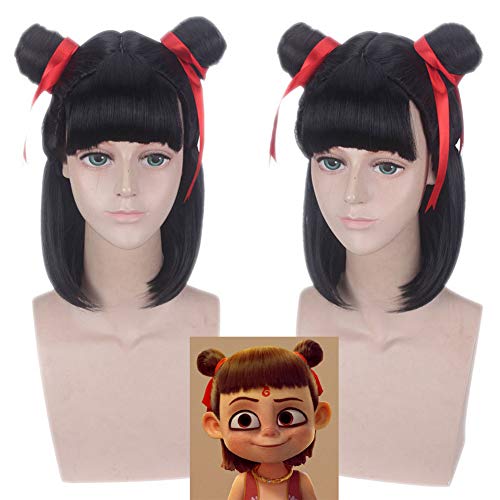 HOOLAZA Black Medium Straight Bangs mit 2 Brötchen Perücke 30Cm Ne Zha Ich bin das Schicksal Ne Zha Cosplay Perücke von HOOLAZA