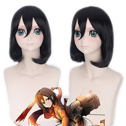 HOOLAZA Black Medium Straight Leicht nach innen gelocktes Haar TailWig 40Cm Angriff auf Titan Mikasa Ackerman Cosplay Perücke von HOOLAZA