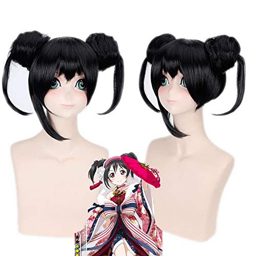 HOOLAZA Black Short Straight Bangs mit 2 Brötchen Perücke 45cm Love Live Nico Yazawa Cosplay Perücke von HOOLAZA