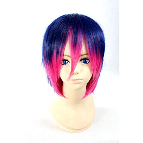 HOOLAZA Blau Rot Mix Kurze Gerade Perücke Anarchie Strumpf Männer für die Halloween Party Cosplay Perücke(EINWEG) von HOOLAZA