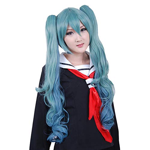 HOOLAZA Blauer langer gerader Pony mit 2 Pferdeschwänzen Cosplay Perücke Vocaloid Hatsune Miku Cosplay Perücke(EINWEG) von HOOLAZA