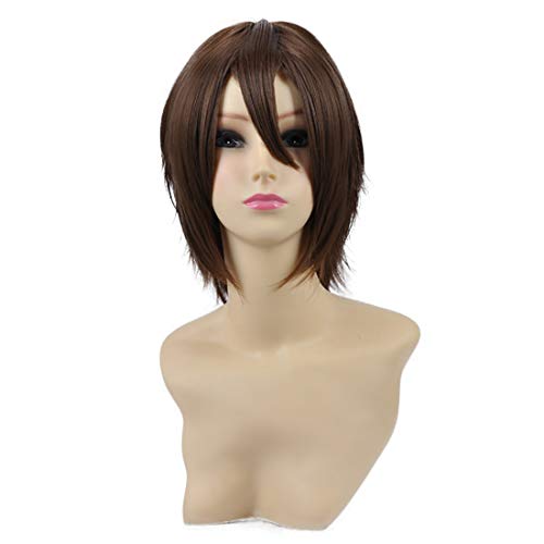HOOLAZA Dunkelbraune Kurze Gerade Fransenschwanz Anti Warping Cosplay Perücke Harada Sanosuke Kurze Haare Cosplay Perücke(EINWEG) von HOOLAZA