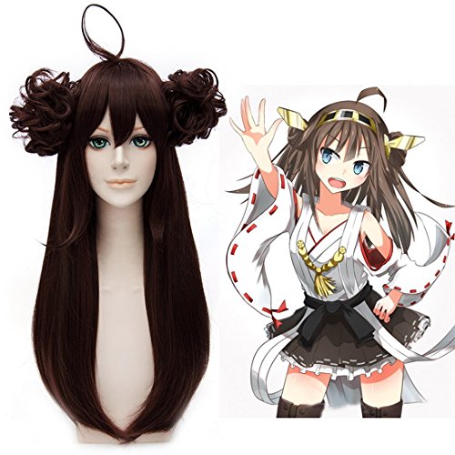 HOOLAZA Dunkelbrauner, langer, gerader Pony mit 2 Haarknotenperücke Kantai Collection Kongou Cosplay Perücke von HOOLAZA