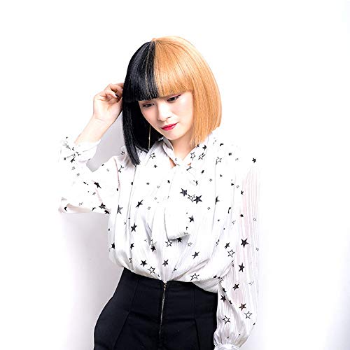HOOLAZA Frauen Medium Schwarz und Golden Straight Bangs Bob Perücke Halloween Christmas Party Cosplay Perücke von HOOLAZA