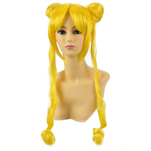 HOOLAZA Gelbe, lange lockige, gewellte Welle mit 2 Pferdeschwänzen Cosplay Perücke Sailor Moon Tsukino Usagi Prinzessin Serenity Kill Me Baby Sonya Cosplay Perücke(EINWEG) von HOOLAZA