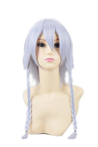 HOOLAZA Graue Kurze Gerade Pony Mit 2 Zöpfen Cosplay Perücke Izayoi Sakuya Koumakan Cosplay Perücke(EINWEG) von HOOLAZA