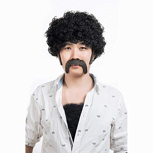 HOOLAZA Herren Short Black 80er Rocker Afro Perücke mit Bart Brust Haar Christmas Party Cosplay Perücke von HOOLAZA
