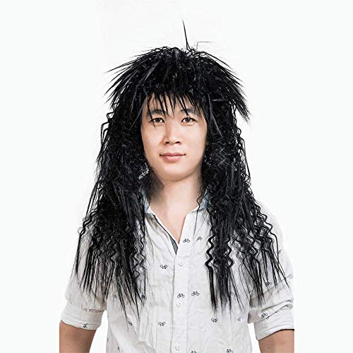 HOOLAZA Männer lange schwarze 80er Jahre Rocker Mullet Perücke Weihnachtsfeier Cosplay Perücke von HOOLAZA