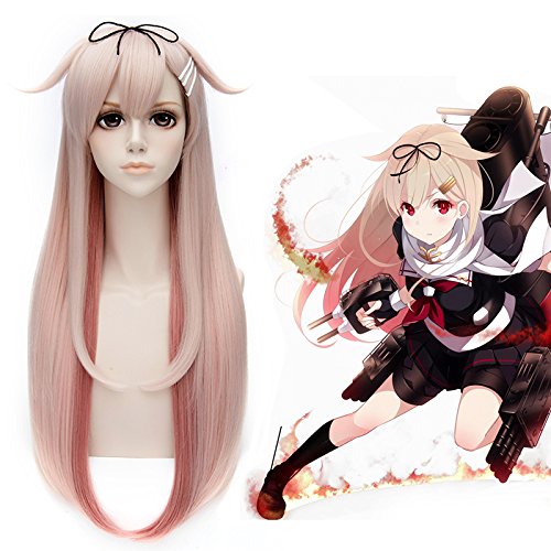 HOOLAZA Rosa Farbverlauf Lange Gerade Pony Nach Innen Lockiges Haar Schwanz Perücke 80 Cm Kancolle Collection Yudachi Cosplay Perücke(EINWEG) von HOOLAZA