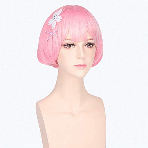 HOOLAZA Rosa Kurze Gerade Pony Leichte Einwärts Lockige Haarschwanz Perücke 30 Cm Starten Sie ein Neues Leben in Anderen Welten In Null Ram Cosplay Perücke von HOOLAZA