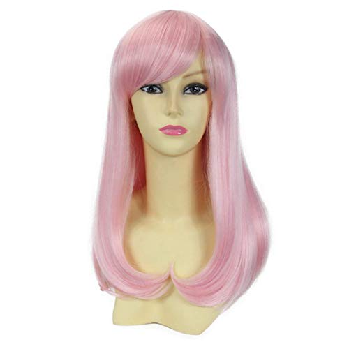 HOOLAZA Rosa Lange Gerade mit Pony Nach innen Lockiges Haar Schwanz Cosplay Perücke Harajuku Lolita Stil Tägliche Mehrzweck Cosplay Perücke(EINWEG) von HOOLAZA
