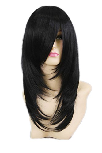 HOOLAZA Schwarz Mittlerer gerader Fransen nach innen lockiges Haar Schwanz Cosplay Perücke 50 Cm Mehrzweck Cosplay Perücke(EINWEG) von HOOLAZA