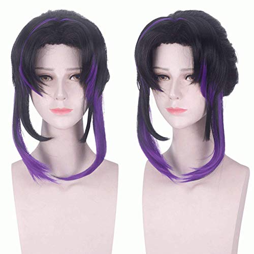HOOLAZA Schwarz und Lila Farbverlauf kurz nach innen lockig mit einer Pferdeschwanzperücke 35cm Kimetsu No Yaiba Kochou Shinobu Cosplay Perücke von HOOLAZA