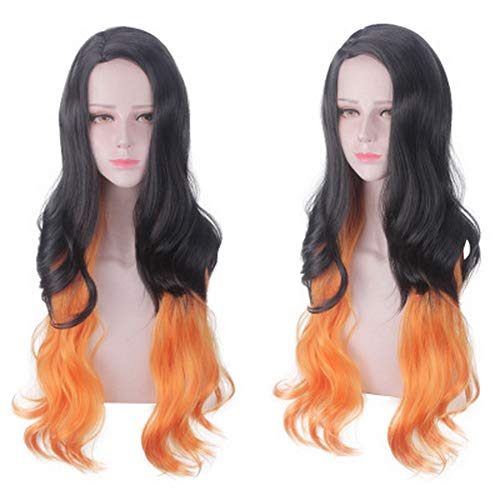 HOOLAZA Schwarz und Orange Gemischt Lange Lockige Wellenförmige Perücke 100 Cm Kimetsu Keine Yaiba Kamado Nezuko Cosplay Perücke von HOOLAZA