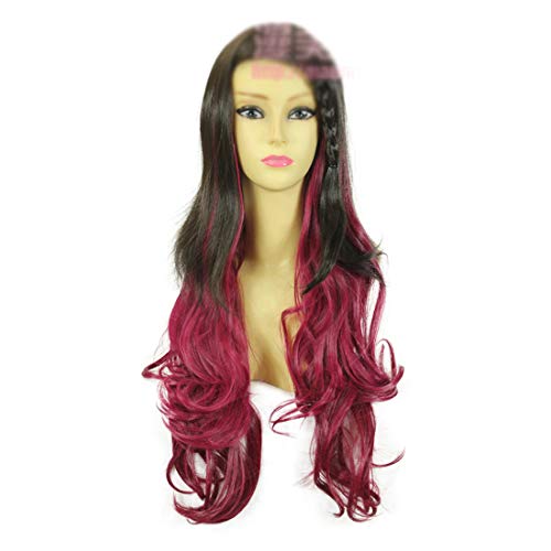HOOLAZA Schwarz und Weinrot Gemischt Lange Lockige Wellenförmige mit Geflochtenen Pony Cosplay Perücke Farbverlauf Niedliche Mode Cosplay Perücke(EINWEG) von HOOLAZA