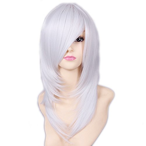 HOOLAZA Silber Weiß Mittlerer gerader Fransen Innen Lockiges Haar Schwanz Cosplay Perücke 50 Cm Mehrzweck Cosplay Perücke(EINWEG) von HOOLAZA