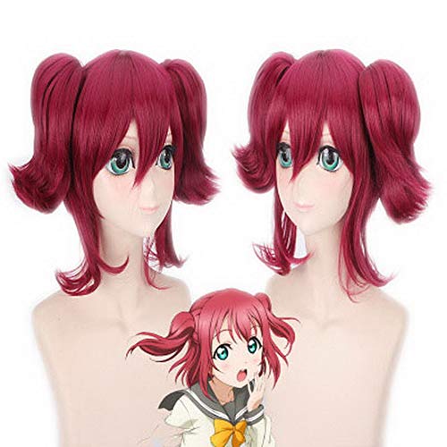 HOOLAZA Weinrot Kurze Gerade Pony mit 2 Clip in Pferdeschwanz Perücke 45 Cm Lovelive Sunshine Ruby Kurosawa Cosplay Perücke von HOOLAZA